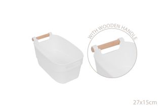 D-Clutter Small White Plastic Basket Wood Handle 27x15cm
