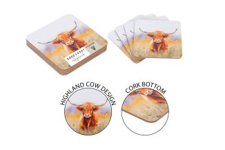 Coco & Gray Coasters Pk4 9.5x9.5cm Highland Cow Design