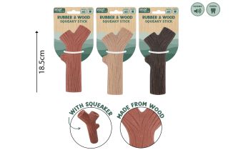WOOD & RUBBER STICK DOG TOY 3 COL