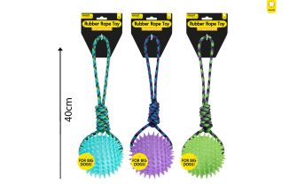 LARGE RUBBER BALL & ROPE DOG TOY 3 COL