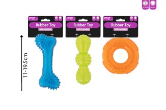 SQUEAKY TEXTURED RUBBER DOG TOY 3 ASST
