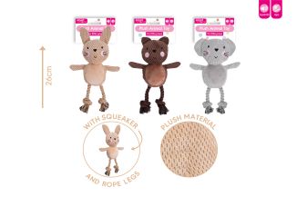 SQUEAKY PLUSH & ROPE PUPPY TOY 3 ASST