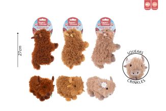 Smart Choice Squeaky Plush Highland Cow Dog Toy 3 Assorted