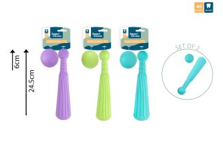 SQUEAKY RUBBER BAT & BALL DOG TOY 3 COL