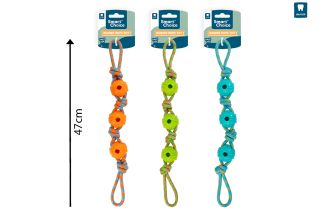 RUBBER & KNOTTED ROPE PULL DOG TOY 3 COL
