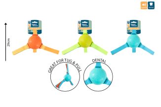 SQUEAKY RUBBER BALL PULL DOG TOY 3 COL