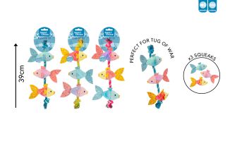 SQUEAKY PLUSH FISH ON ROPE DOG TOY 3 COL