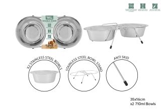 S/STEEL DOUBLE DINNER DOG BOWL 16.5CM