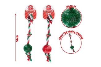 FESTIVE RUBBER & ROPE BALL DOG TOY 2 COL