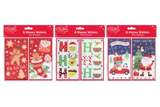 6 PACK FOIL MONEY WALLETS 3 ASSORTED DESIGNS